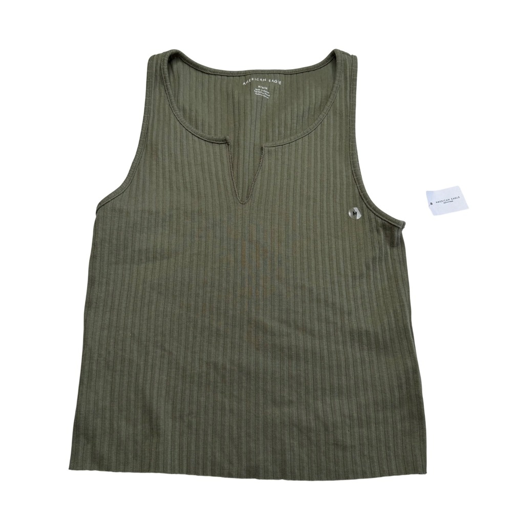 AMERICAN EAGLE Tank Top Olive Green Ribbed Notch Neck Women's Size Medium NWT